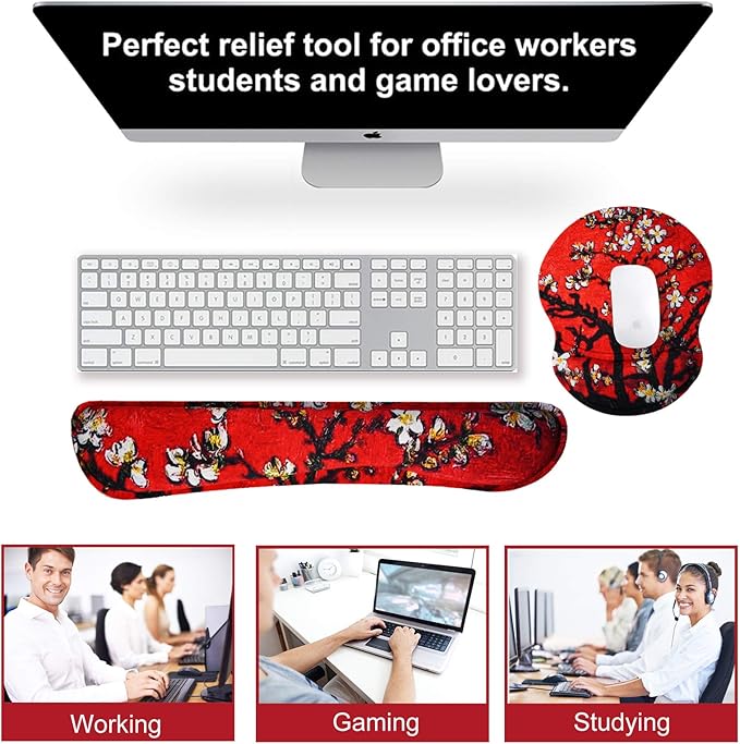 ArtSo Upgraded Wrist Rest Support for Mouse Pad & Keyboard, Ergonomic Gel Mousepad Non-Slip Rubber Base Home, Office Wrist Support, Easy Typing Cushion Neoprene, Soft Memory Foam, Red Van Gogh Painting