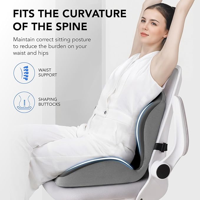 Ergonomic Waist Support and Seat Cushion, 2-in-1 Memory Foam Pad, Hollow Design for Coccyx, Suitable for Office Chairs, Car Safety Seats and Household Use - Relieves Lower Back and Hip Pain (Grey)