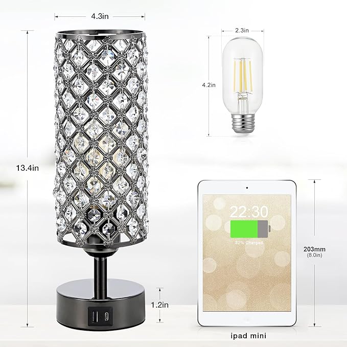 Hong-in Crystal Table Lamp,Black Lamp with USB C+A Ports, 3 Way Dimmable Light with Crystal Lampshade, Bedside Lamp Small Touch Light for Living Room Bedroom, Charge Phone (Bulb Included)
