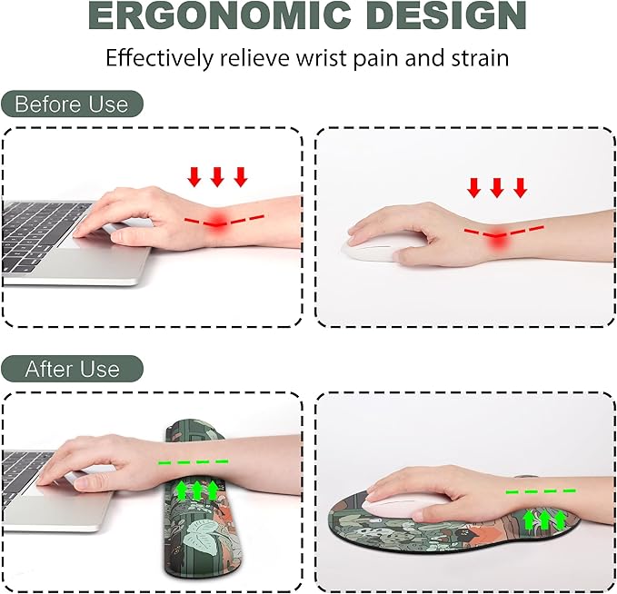 Ergonomic Mouse Pad with Wrist Rest and Keyboard Wrist Rest, Mousepad and Wrist Rest for Computer Keyboard, Non-Slip Rubber Base, Mouse Pad with Wrist Support for Gaming, Office, Cat