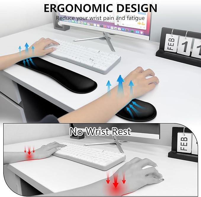 Wrist Rest for Computer Keyboard and Mouse, Ergonomic Design Wrist Support Pad for Keyboard, Soft Memory Foam Desk Pads Support Hand and Arm Easy Typing & Comfort, 2 Piece Pad, Black