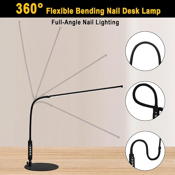 CGBE Led Desk Lamp: 360° Adjustable Nail Light for Desk with 3 Color Modes 5 Brightness, 23.6-Inch Nail Lamp for Desk for Salon Manicurist Tattoo Crafts Sewing Work Reading Game - Black