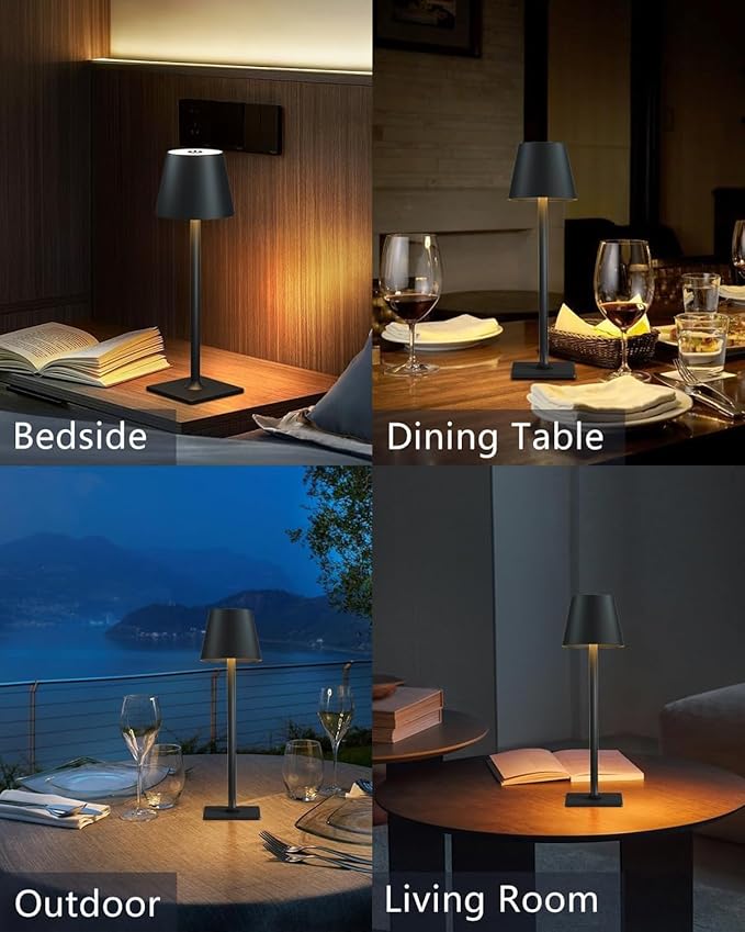 Cordless Table Lamp Rechargeable Lamps: 6000mAh Battery Operated Table Lamp Outdoor Waterproof, Touch Control, Portable Wireless Desk Lamp for Dinner/Bedroom/Restaurant(Black 2 Pack)