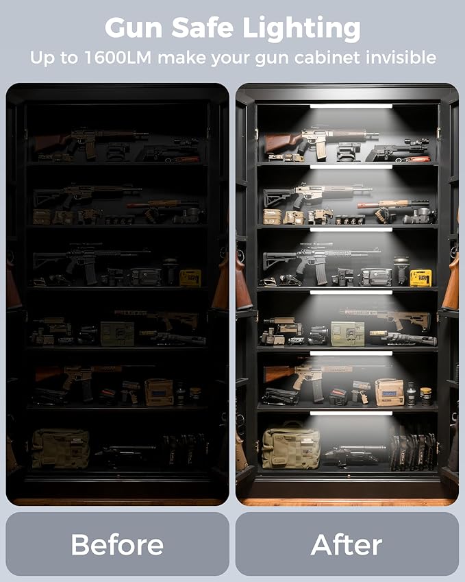 ASOKO Gun Safe Lighting Kit, 6pcs Linkable 12Inch Light Bars,1600LM Motion Activated Under Cabinet Lighting with 24V 1A Power Adapter, 6000K Cool White for Gun Safe Locker Closet Display Case