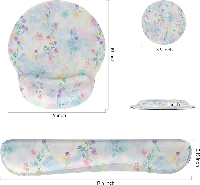 Ergonomic Keyboard Mouse Pad Wrist Rest Support Set for Laptop/Computer/Desktop,Memory Foam Hand Rest Wrist Cushion for Gaming/Office,Lightweight Comfortable (Colorful Flowers)