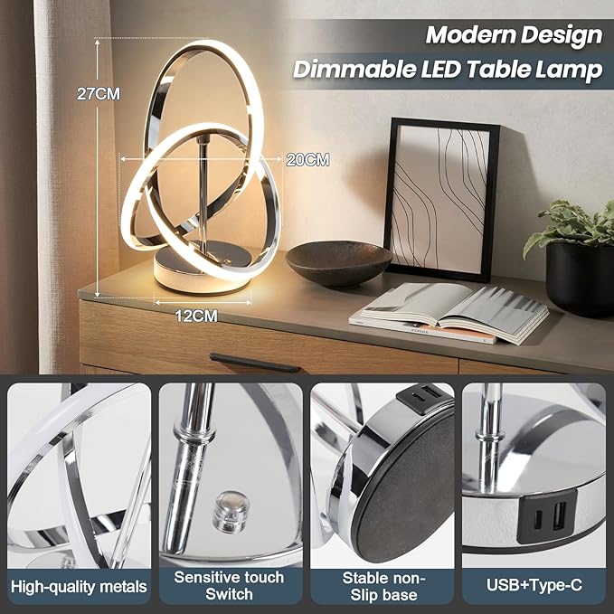 Modern Spiral Table Lamps, LED Modern Table Lamp, Chrome Decor Bedside Light with Touch Control, 3 Color Dimmable Nightstand Lamp for Bedroom, Side Small Table Lamp for Living Room