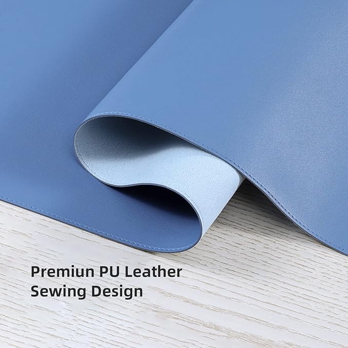 Faux Leather Desk Pad Blotter,Water and Slip Resistant Writing Desk Protector Mat,Blue Large Mouse Pad for Desktop/Office Home Table Cover,36x17 in