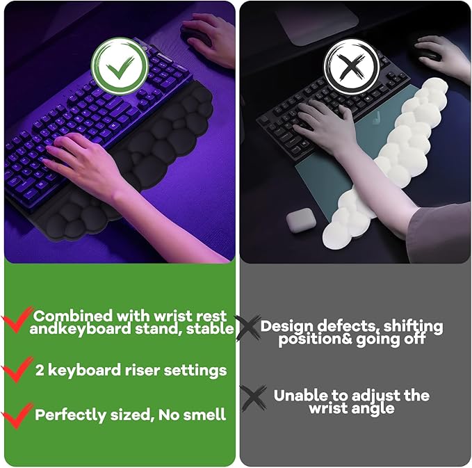 Ergonomic Wrist Rest for Keyboard and Mouse, Soft Memory Foam Cloud Keyboard Stand Pad with Wrist Rest Set with Non-Slip Silicone Base, Easy Typing, Comfort for Office, Work, Gaming Black