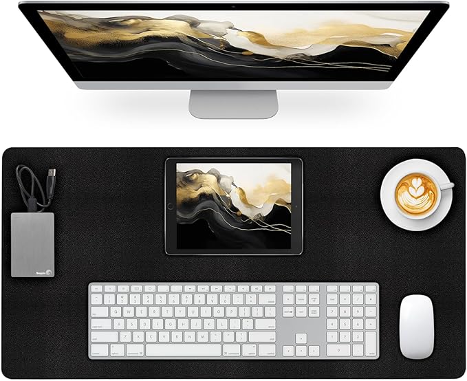 Leather Desk Pad Mat, Non-Slip Black Desk Mat, Large Mouse Pad for Desk, Waterproof Desk Computer Mat Desktop Protector for Office/Home, 23.6" x 13.7"