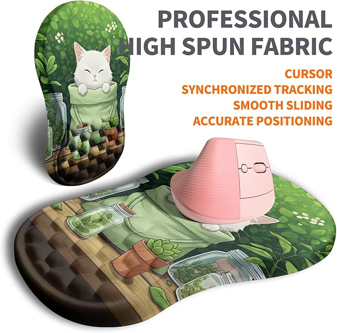 Ergonomic Joint Wrist Support Mouse Pad with Memory Foam Cushion Massage Bump, Carpal Tunnel Mousepad Slope Design for Wrist Rest, 11.8x7.9 in, Cute Kitten