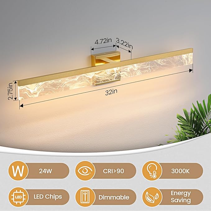 Gold Bathroom Light Fixtures, 32 Inch Modern Vanity Lights for Bathroom 24W Dimmable Vanity Lighting Fixtures Over Mirror LED Vanity Light Bar for Restroom Mirror 3000K