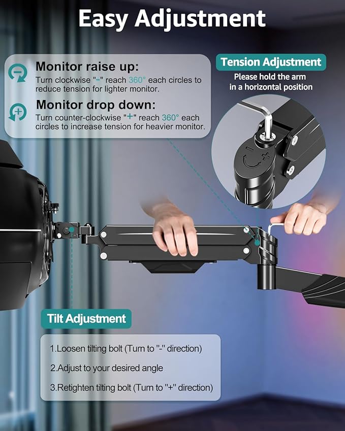 MOUNT PRO Monitor Wall Mount for 17-43" Ultrawide Screens, Single Wall Mount Monitor Arm Holds up to 33.1 lbs, Full Motion Adjustable Wall Bracket with VESA Extension Kit, VESA Mount Max 200x200mm