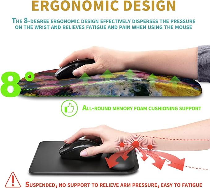 Hokafenle Ergonomic Mouse Pad Wrist Support with Massage Design, Wrist Rest Mousepad with Memory Foam&Non-Slip PU Base, Mouse Pads for Wireless Mouse & Desk(12x8 inch,Monet Chrysanthemum)