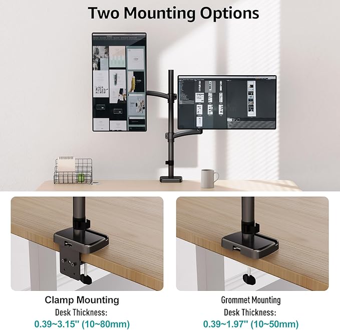 MOUNT PRO Vertical Dual Monitor Mount, Stacked Monitor Stand for 2 Computer Screens up to 32 inches, Fully Adjustable Full Motion Display Desk Mount, Each Arm Holds up to 17.6lbs, VESA Mount