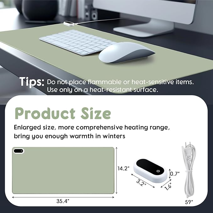 Konohan Heated Desk Pad Warm Mouse Pad, 5 Heating Level & 4 Hour Auto Shut-Off, PU Leather Warm Mouse Mat Heating Keyboard Gaming Mice Warmer Mat Only Supports 110v(Gray-Green Color,35.4"x 14.2")