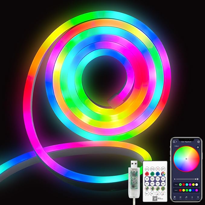 5M RGBIC LED Strip Lights, 5V Mardi Gras Outdoor Neon Rope Light with App/Remote Control, Color Changing, Easter Waterproof Cuttable Silicone Light for Valentines Bedroom TV Gaming Room Bar Wall Decor