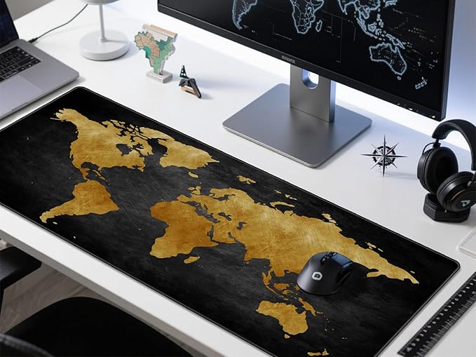 Mouse Pad Desk Mat, Multifunctional Large Gaming Mousepad, Office Desk Pad with Washable Durable Design, Keyboard Pad in Black World Map