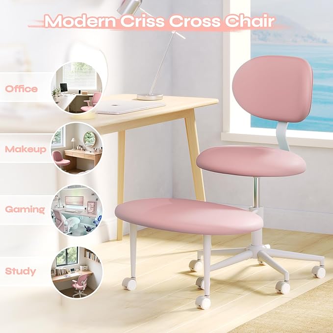 Ergonomic Cross Legged Office Chair with Wheels, ADHD Chair for Adults, Meditation Chair, Yoga Office Chair, Comfortable Back Support, Height Adjustable,Small Spaces, PU Leather, Pink