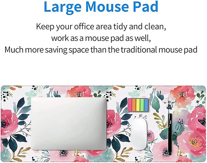 Pink Floral Gaming Mouse Pad Watercolor Flower Plant Large Gaming Mouse Mat with Stitched Edges,Non-Slip Waterproof Rubber Base Mous Mat 31.5"x11.8" Office Computer Keyboard Laptop Home