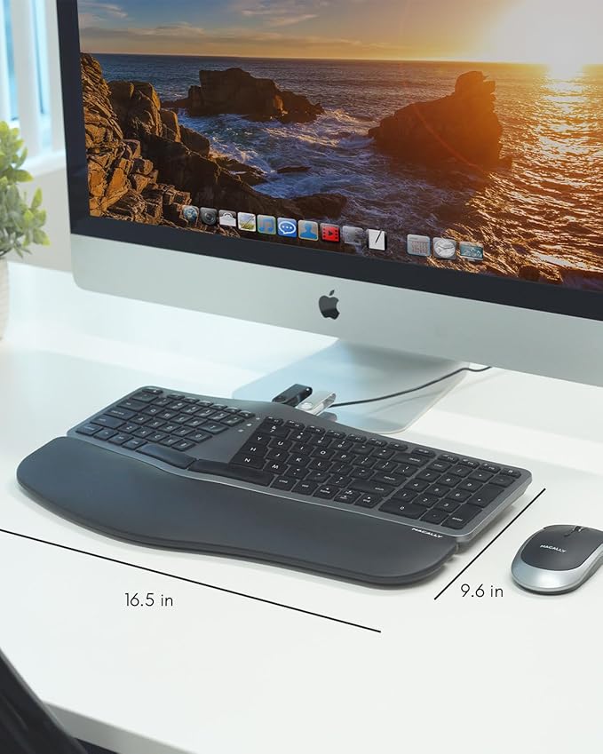 Macally Wired Ergonomic Keyboard for Mac - USB Hub, Backlit Keys, Dual USB C + A Plug, Split Design, Padded Wrist Cushion - Compatible Apple Keyboard for MacBook Pro/Air, iMac, iPad - Space Gray