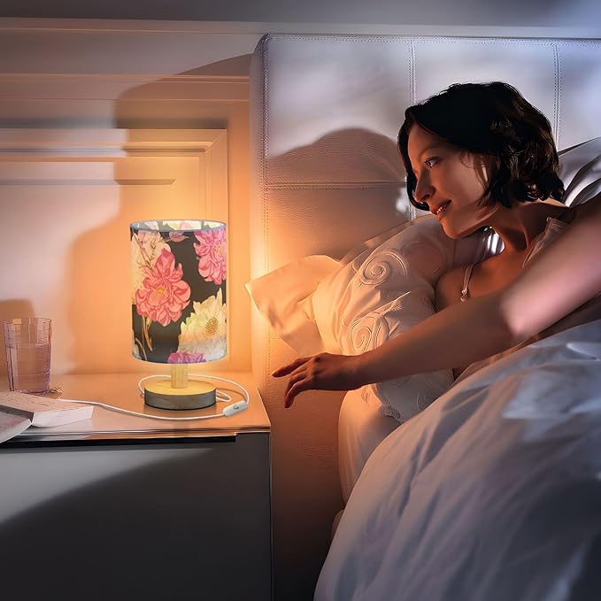 Colorful Floral LED Table Lamp, Bedside Lamp with Linen Lampshade, Flicker-Free Eye Care USB Plug in Nightstand Lamp, for Bedroom and Office