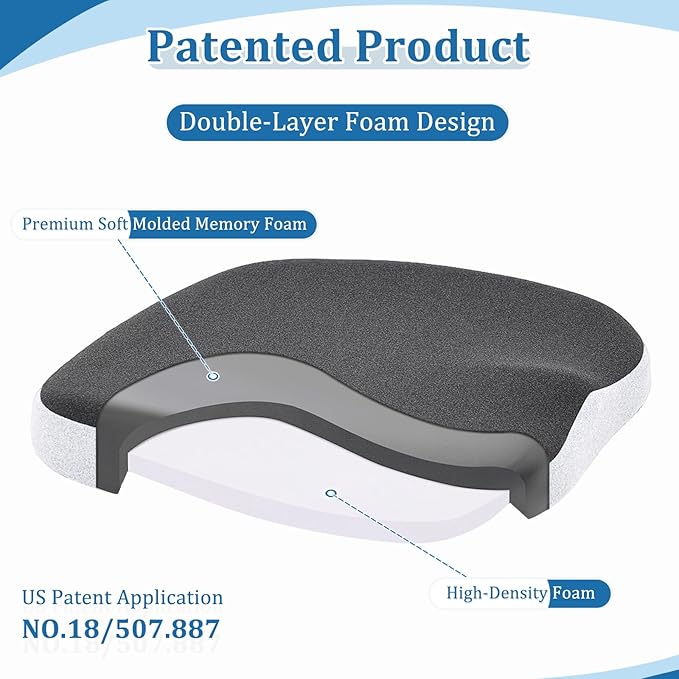 GOFORIT Molded Memory Foam Seat Cushion, Patent Dual-Layer Foam Design Office Chair Pad, Ergonomic Coccyx Cushion for Sciatica Pain Relief, Black