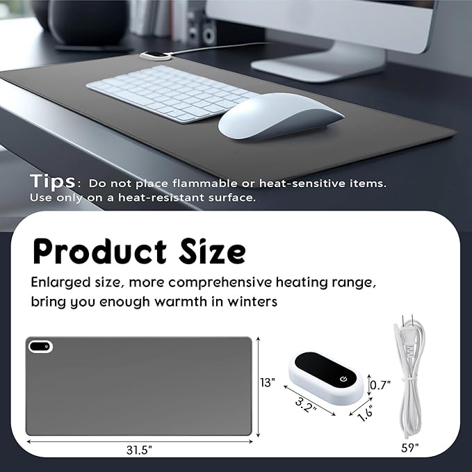 Konohan Heated Desk Pad Warm Mouse Pad, 5 Heating Level & 4 Hour Auto Shut-Off, PU Leather Warm Mouse Mat Heating Keyboard Gaming Mice Warmer Mat Only Supports 110v(Gray Color,31.5" X 13")