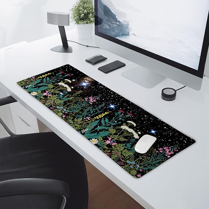 aportt Black Aesthetic Wildflower Large Mouse Pad XL Space Galaxy Weeds Herb Cute Floral Extended Desk Mat Big 80X30 CM Non-Slip Rubber Base Stitched Edge Long Mousepad,31.5×11.8 Inch
