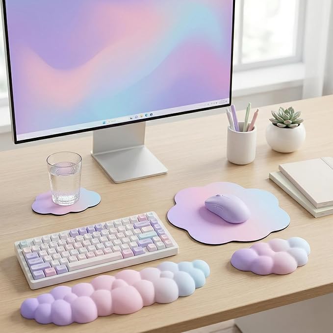 Cloud Mouse Pad Keyboard Wrist Rest for Mouse 4PCS Mini Small Desk Mat Pad Set Memory Foam Non-Slip Cute Ergonomic Gaming Mouse Wrist Support for Computer Home Office Pink Purple Blue