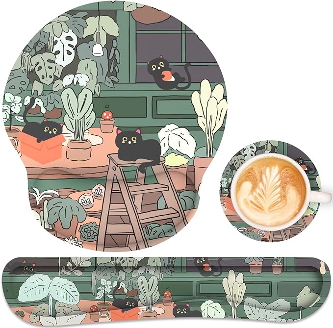 Ergonomic Mouse Pad with Wrist Rest and Keyboard Wrist Rest, Mousepad and Wrist Rest for Computer Keyboard, Non-Slip Rubber Base, Mouse Pad with Wrist Support for Gaming, Office, Cat