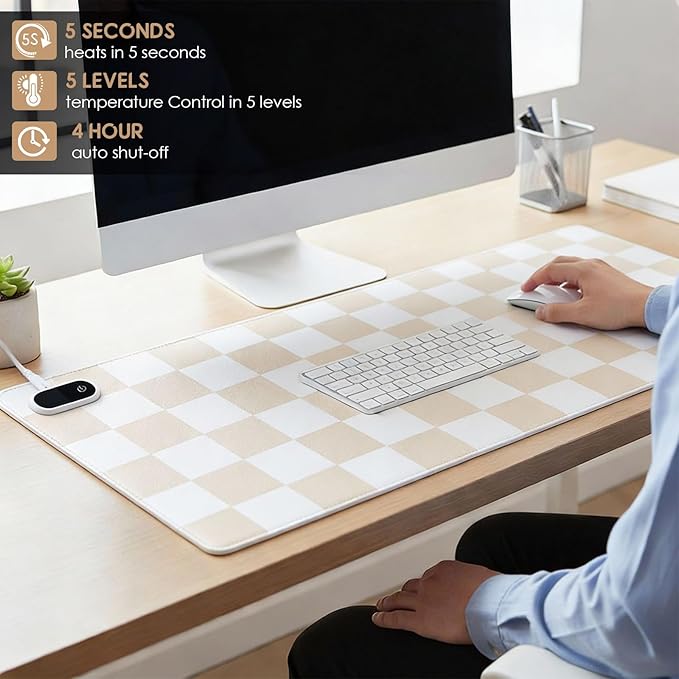 Konohan Heated Large Desk Mat PU Leather Cute Warm Mouse Pad with 5 Heating Level & 4 Hour Auto Shut-off Heating Keyboard Pad Warmer Gaming Mice Mat Only Supports 110v(beige checkerboard, 31.5" X 13")