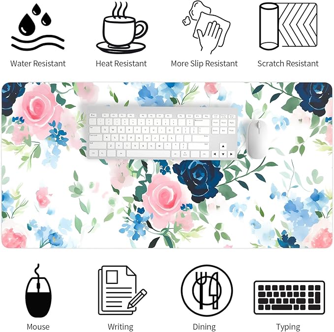 Bloss Pink+Blue Flower Desk Mat, Leather Desk Pad, Desk Matt for Desktop, Waterproof Desk Pad Mat, Computer Mat for Office Work/Home-31.5 x 15.7 Inches