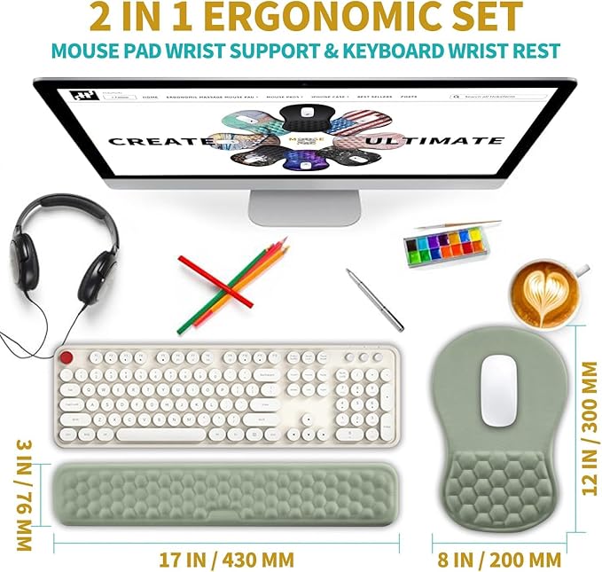 Hokafenle 2 in 1 Ergonomic Mouse Pad Wrist Support & Wrist Rest for Computer Keyboard Set, with Memory Gel Massage Bulge Design (2In1 Set, Light Green)
