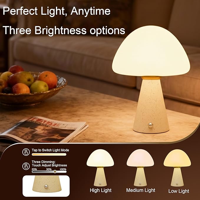 10.2 inch Mushroom Lamp, Cute Cordless Rechargeable Table Lamp with Glass Shade, 3 Color Temps LED Dimmable Ambient Lighting, Small Retro Touch Bedside Light for Decor, Resin Base.