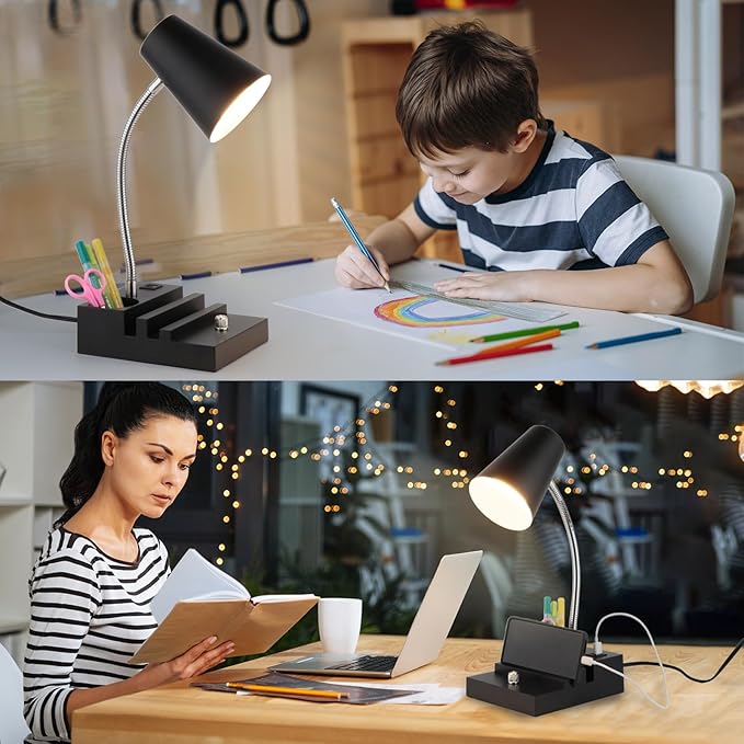 Study Desk Lamp with USB Charging and Type-C Night Light, Gooseneck LED Table Lamp Stepless Dimming Study Table Lamp with Pen Holder for College Dorm Bedroom and Office (Black)