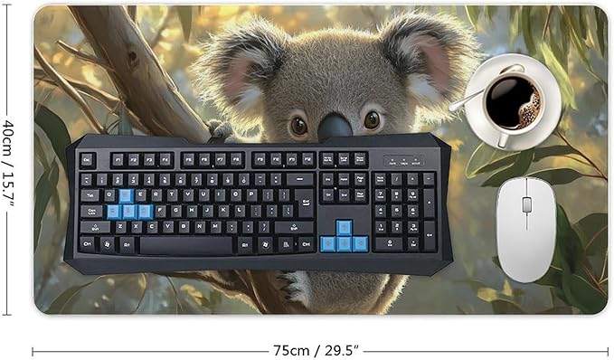 Large Ergonomic Gaming Mouse Pad Baby Koala on Eucalyptus Branch - Adorable Wildlife Theme with Non-Slip Base Water-Resistant Surface and Stitched Edges 40X75cm