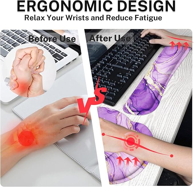 Britimes Purple Gold Marble Ergonomic Mouse Pad Set with Wrist Rest Non-Slip Rubber Base Wrist Cushion Support and Coasters Mousepad with Wrist Support for Computer Keyboard and Desk