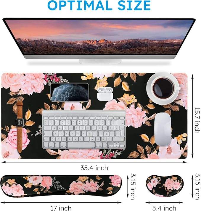 iCasso Keyboard Mouse Pad Set, Extended Gaming Mouse Pad + Keyboard Wrist Rest Support, Memory Foam, Easy Typing & Comfort, 3Pcs (35.4×15.7 in) Large Ergonomic XXL Thick Mousepad Desk Mat