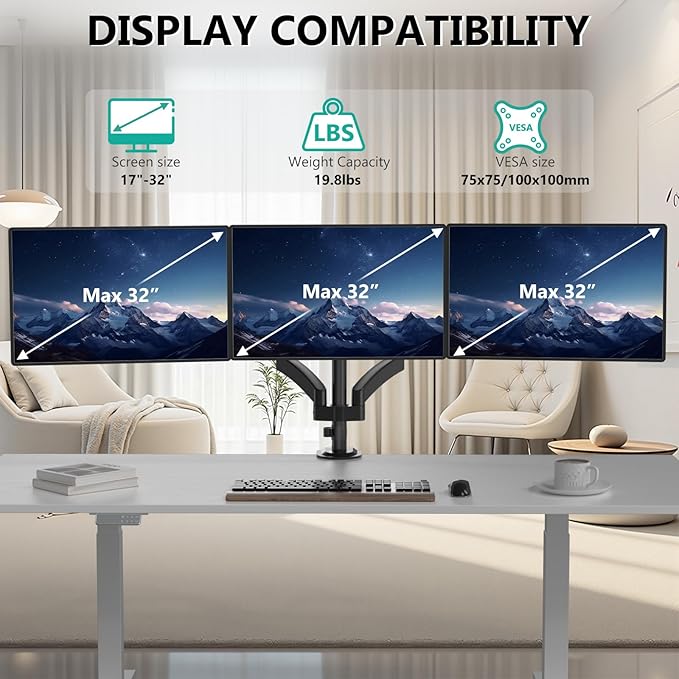 WALI Triple Monitor Mount, 3 Monitor Desk Mount with Premium Gas Spring Arm for Screens 17-32 Inch, Multiple Monitors Stand with Tilt, Swivel, Rotation, Mounting Holes 75/100 mm, Black