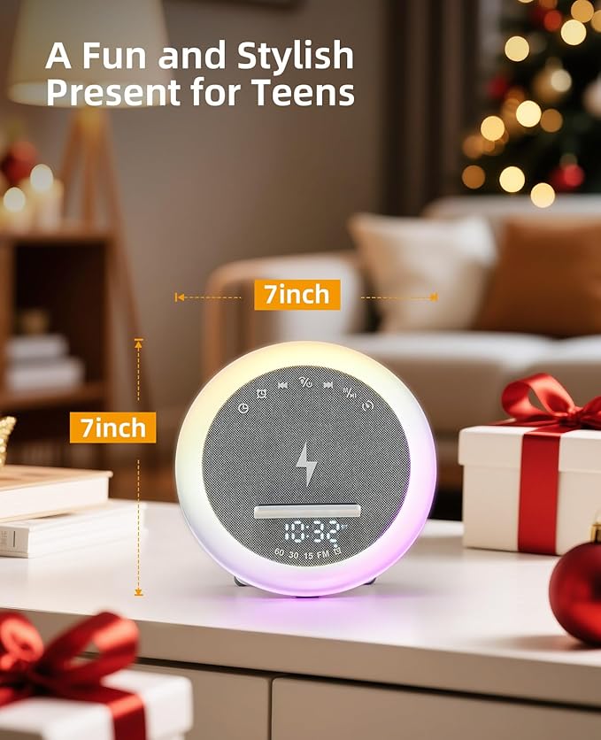 Wireless Alarm Clock, 15W Wireless Charging Station, Bluetooth Speaker Table Lamp for Bedroom Bedside, Dorm, Gifts for 13 Year Old Girls & Teenagers, White Noise Clock with Night Light