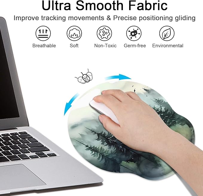 Britimes Green Ink Style Mountain Forest Ergonomic Mouse Pad Set with Wrist Rest Non-Slip Rubber Base Wrist Cushion Support and Coasters Mousepad with Wrist Support for Computer Keyboard and Desk