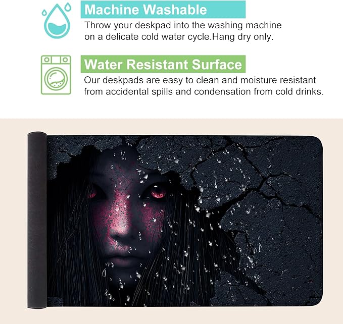 Desk Mat, XXL Extended Gaming Pad for Desktop, 35x16 Inches Horror Theme Figure Breaking Through Wall, Large Non-Slip Vegan Leather Surface with Stitched Edges, Keyboard Mouse Mat for Home Office