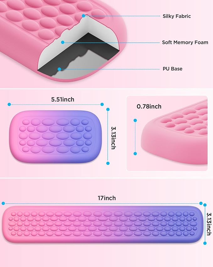 Lekvey Ergonomic Gaming Wrist Rest for Computer Keyboard & Mouse - Premium Silky Memory Foam Wrist Pad with Massage Points, Comfort Wrist Support for Typing, PC, Game (Pink/Purple)