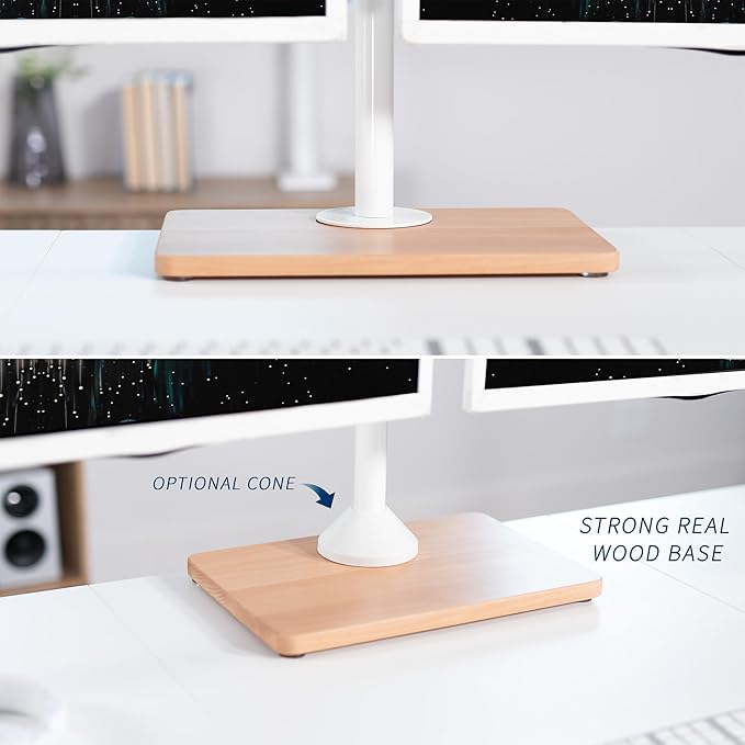 VIVO Freestanding Dual Monitor Stand with Solid Wood Base and Adjustable Arms, Mounts 2 Screens up to 32 inch and 22 lbs Each, White, STAND-V002FD-W