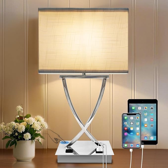 21.38" Table Lamp for Bedroom Living Room 3-Way Dimmable Touch Control Medium Chrome Bedside lamp with USB A+C Ports，Nightstand Lamp with White Linen Shade Bulb Included (White-Chrome)