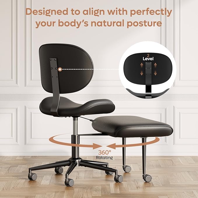 Cross-Legged Office Chair with Footrest, PU Leather Armless Desk Chair, Wide Padded Seat for Cross Leg Sitting, Adjustable Height & Swivel, Modern Home Office Chair, Black