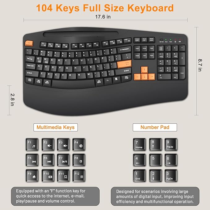 Wireless Keyboard and Mouse Combo, 2.4G Full Size Wave Keys Ergonomic Keyboard with Wrist Rest, Phone Holder, 3-Level DPI Wireless Silent Mouse with 6-Buttons, for Windows, Mac OS (Orange Black)