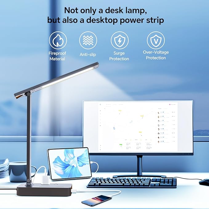 LED Desk Lamp with Power Strip: Table Lamp with Charging Station - 2 Outlets 1 USB-A Ports 1 Type-C Ports, Surge Protection, 5 Color Modes 5 Brightness for Home Office, College Dorm Room Essentials