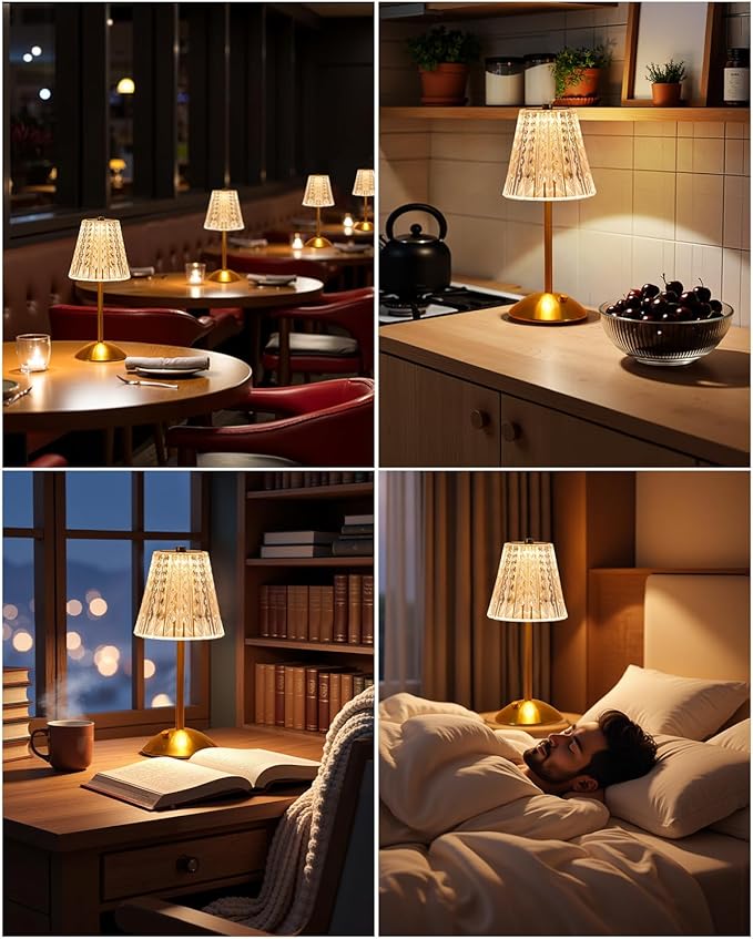 Cordless Touch Table Lamp, LED Rechargeable Small Dask Lamp, 3 Colors Dimmable Battery Operated Crysta Lamp for Bedroom Restaurant Kitchen Home Decor, Gold, 2pcs