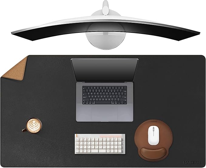 MAIDERN 43.3”x 19.6” Leather Desk Pad XXL, Large Desk Mat, Reversible Cork & Leather Large Mouse pad for Desk, Waterproof Computer Desk Pad for Gaming Home Office (Black) …